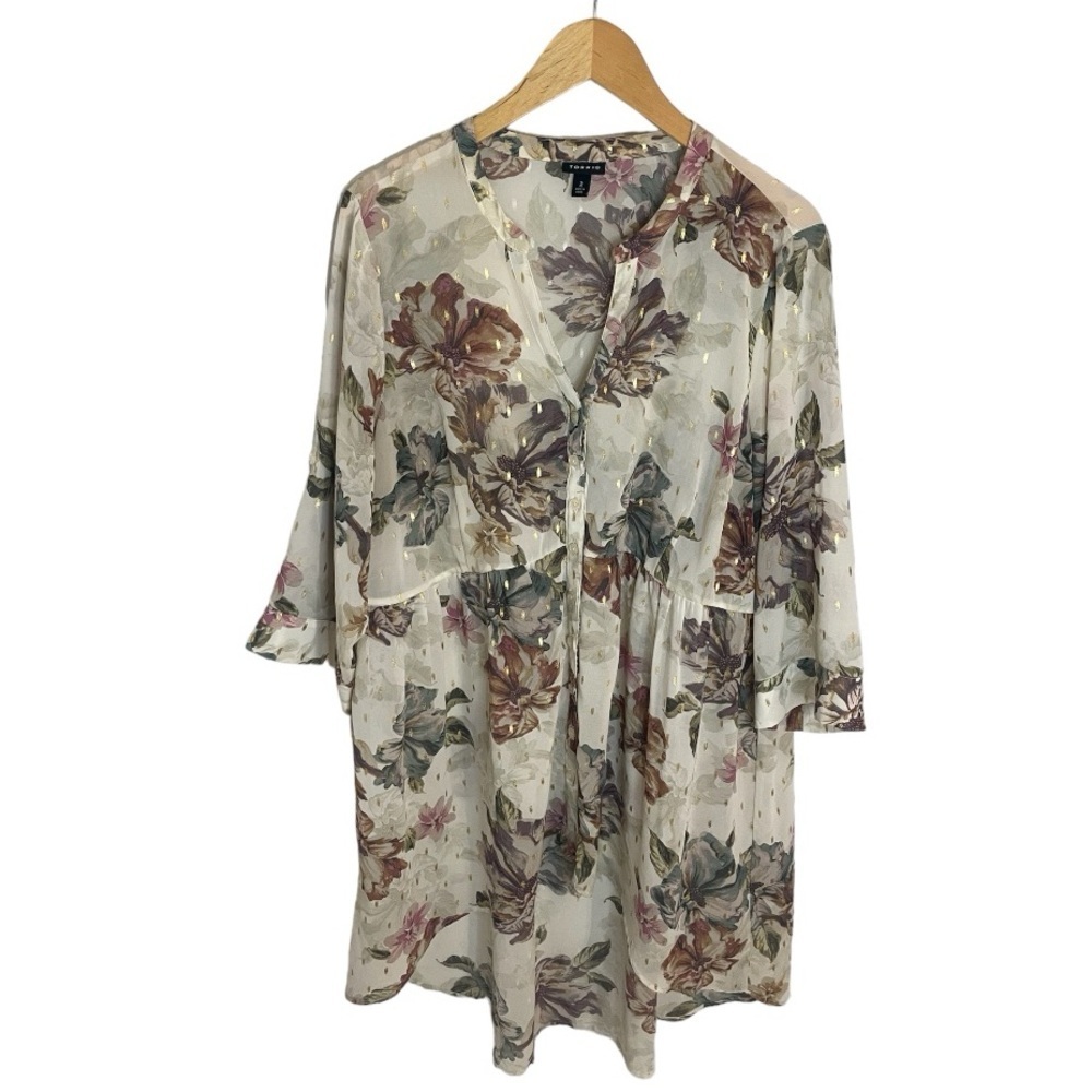 TORRID Blouse‎ Shirt Floral Gold Detail size 2 2X Long Flowy Button Down 18 20